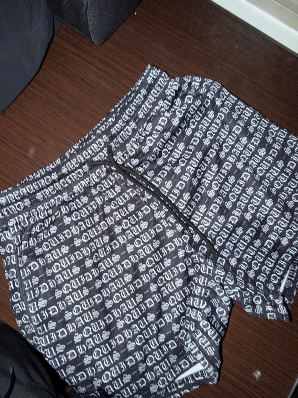 Black Script-Print Athletic Shorts with Drawstring - Picture 4 of 4